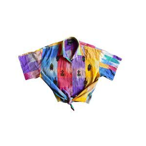 Vintage 90s Carole Little Sport Tie Front Multicolor Button Down Shirt, Size 4